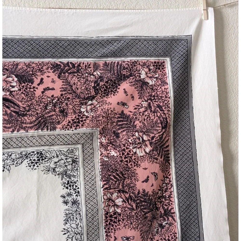 Vintage California Hand Prints Tablecloth Pink Gray Botanical Butterflies 1950s